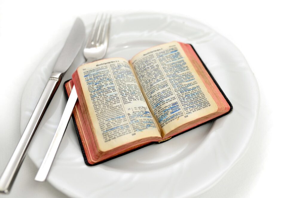 bible, plate, cutlery